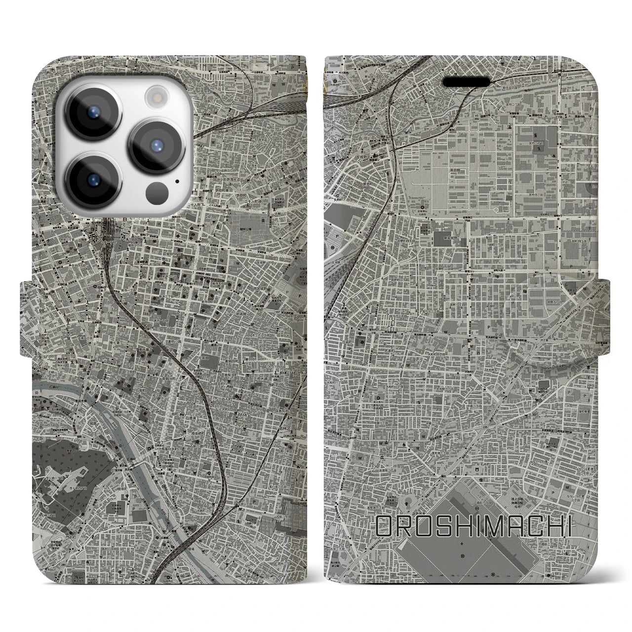 【卸町(宮城県)】地図柄iPhoneケース(手帳タイプ)モノトーン・iPhone 14 Pro 用