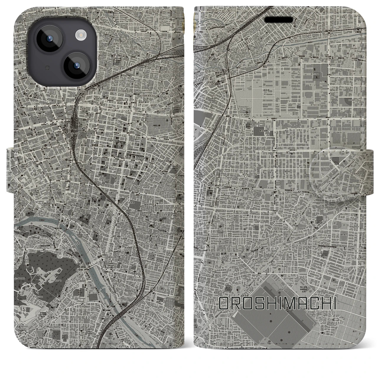 【卸町(宮城県)】地図柄iPhoneケース(手帳タイプ)モノトーン・iPhone 14 Plus 用
