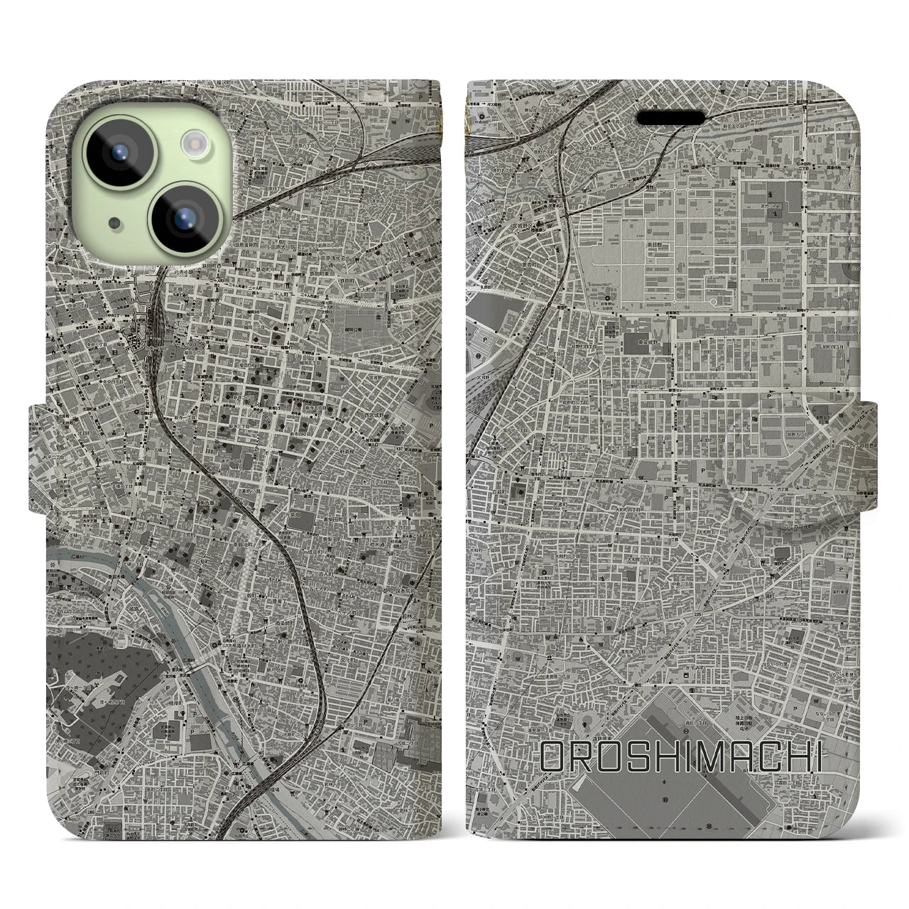 【卸町(宮城県)】地図柄iPhoneケース(手帳タイプ)モノトーン・iPhone 15 用