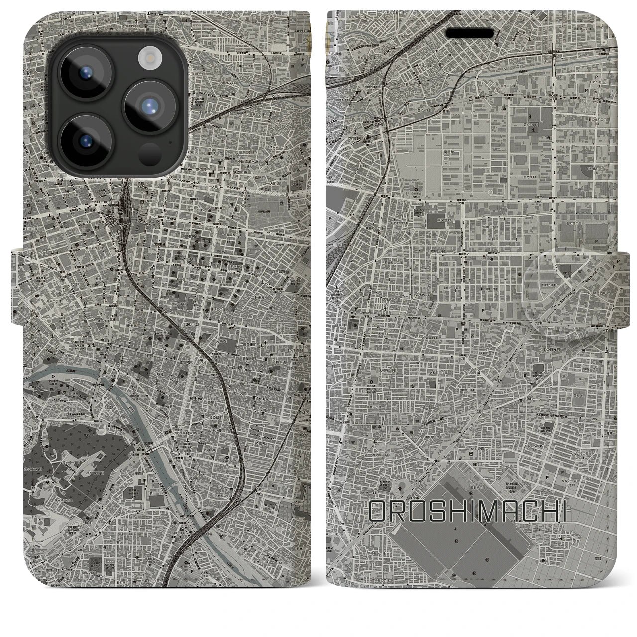 【卸町(宮城県)】地図柄iPhoneケース(手帳タイプ)モノトーン・iPhone 15 Pro Max 用