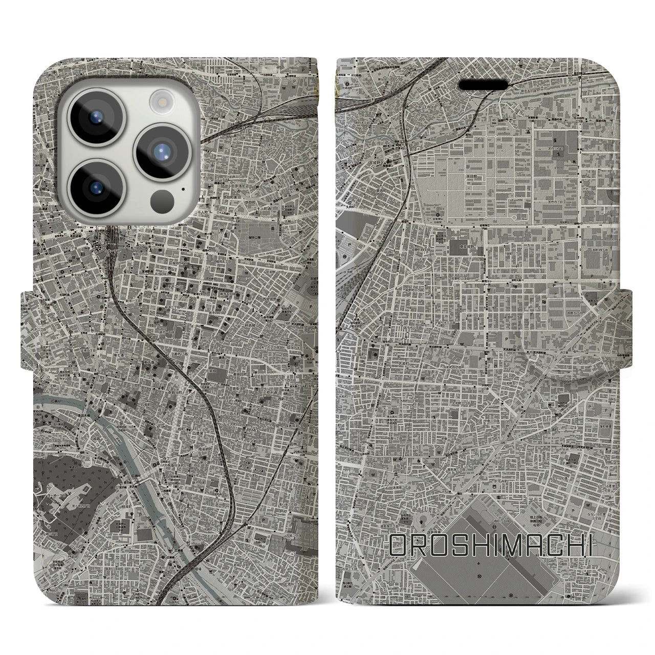 【卸町(宮城県)】地図柄iPhoneケース(手帳タイプ)モノトーン・iPhone 15 Pro 用