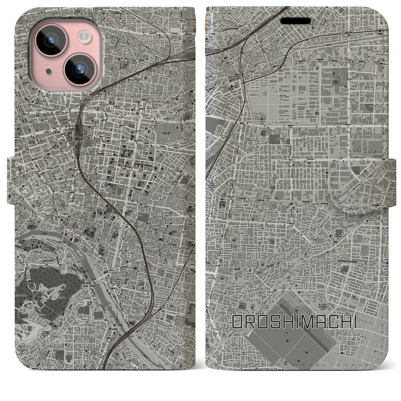 【卸町(宮城県)】地図柄iPhoneケース(手帳タイプ)モノトーン・iPhone 15 Plus 用