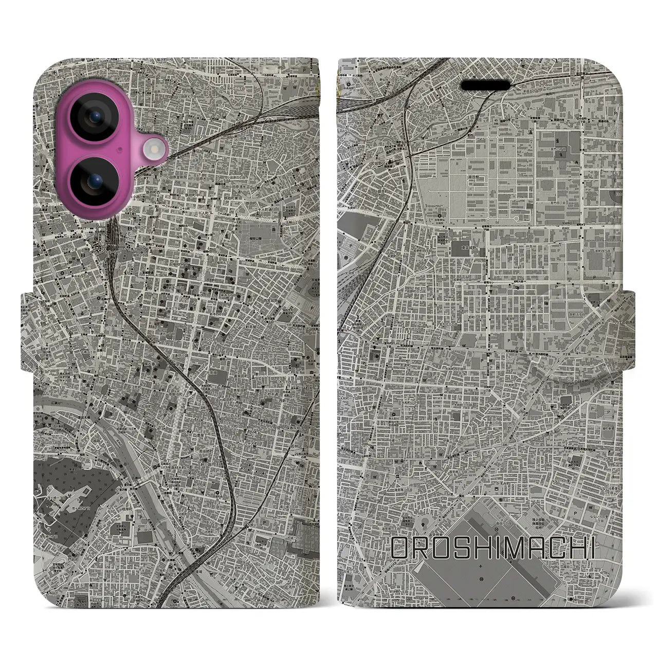 【卸町(宮城県)】地図柄iPhoneケース(手帳タイプ)モノトーン・iPhone 16 Pro 用