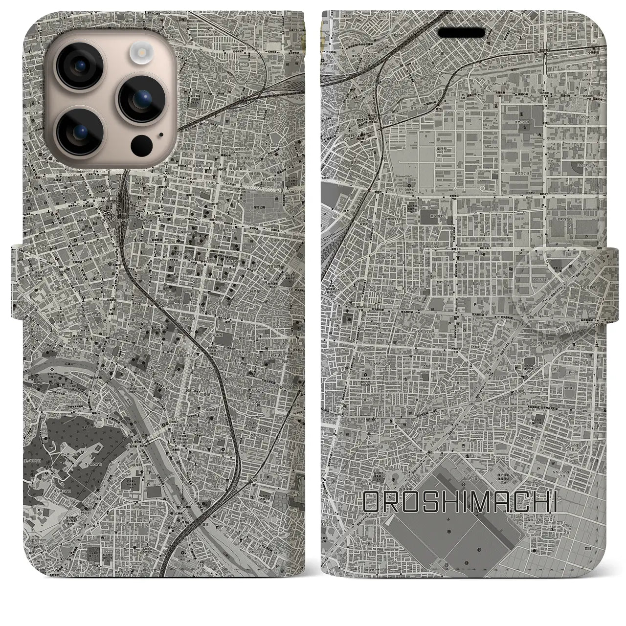 【卸町(宮城県)】地図柄iPhoneケース(手帳タイプ)モノトーン・iPhone 16 Plus 用