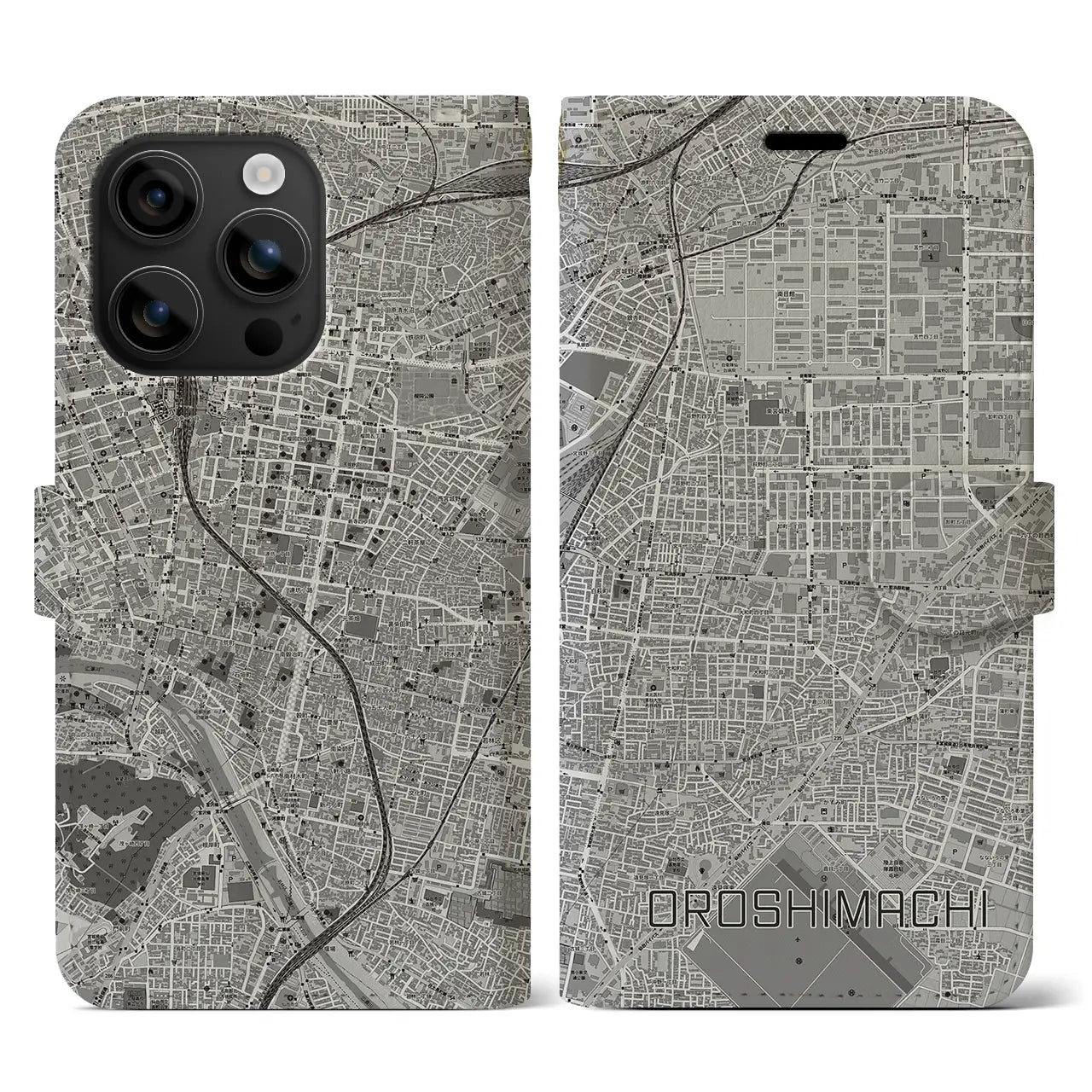 【卸町(宮城県)】地図柄iPhoneケース(手帳タイプ)モノトーン・iPhone 16 用