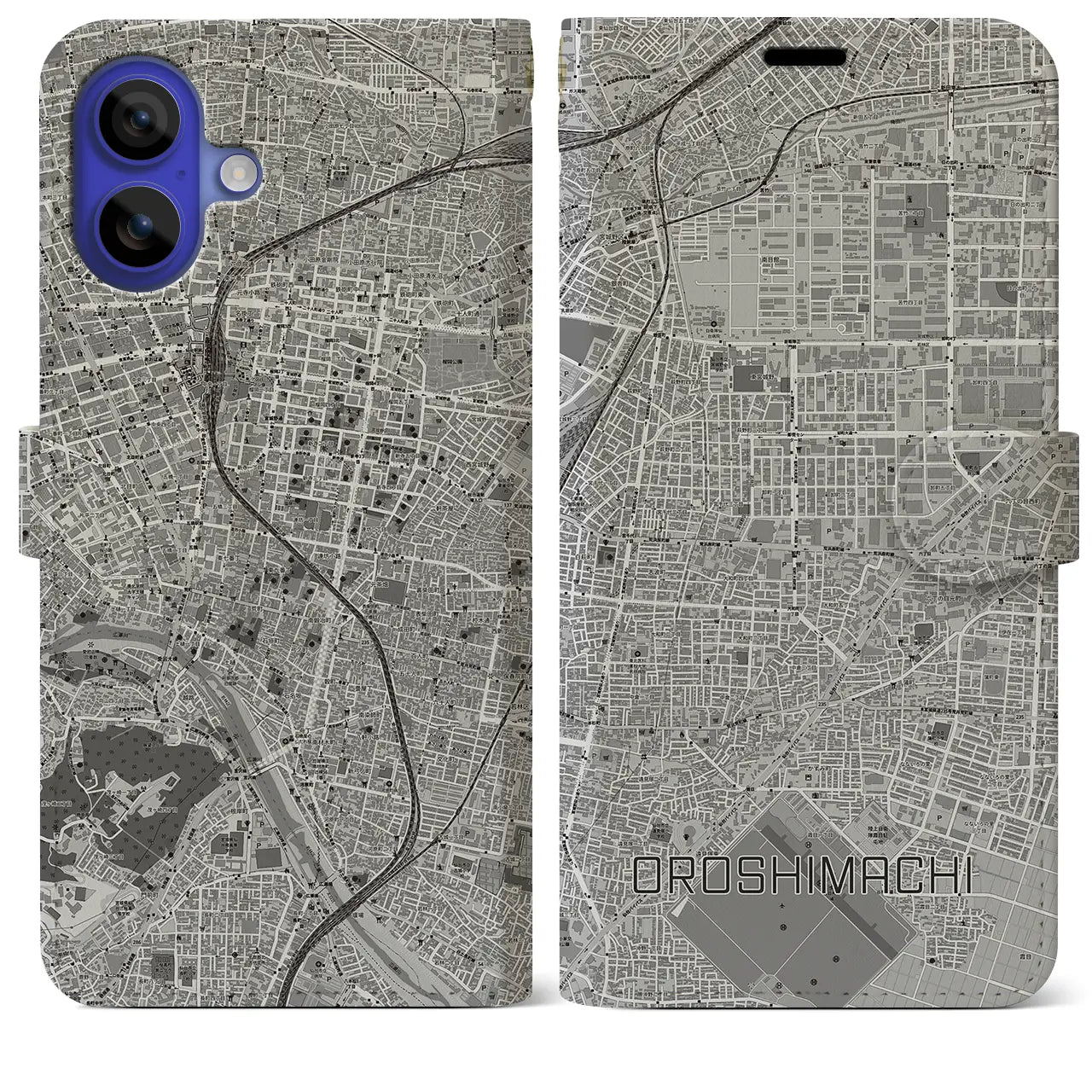 【卸町(宮城県)】地図柄iPhoneケース(手帳タイプ)モノトーン・iPhone 16 Pro Max 用