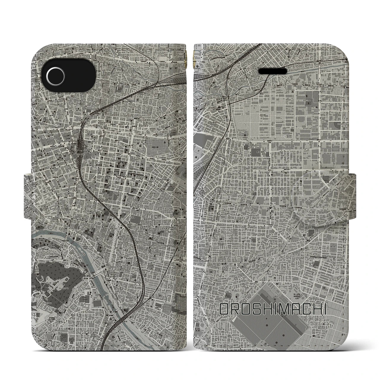 【卸町(宮城県)】地図柄iPhoneケース(手帳タイプ)モノトーン・iPhone SE(第3 / 第2世代) / 8 / 7 / 6s / 6 用