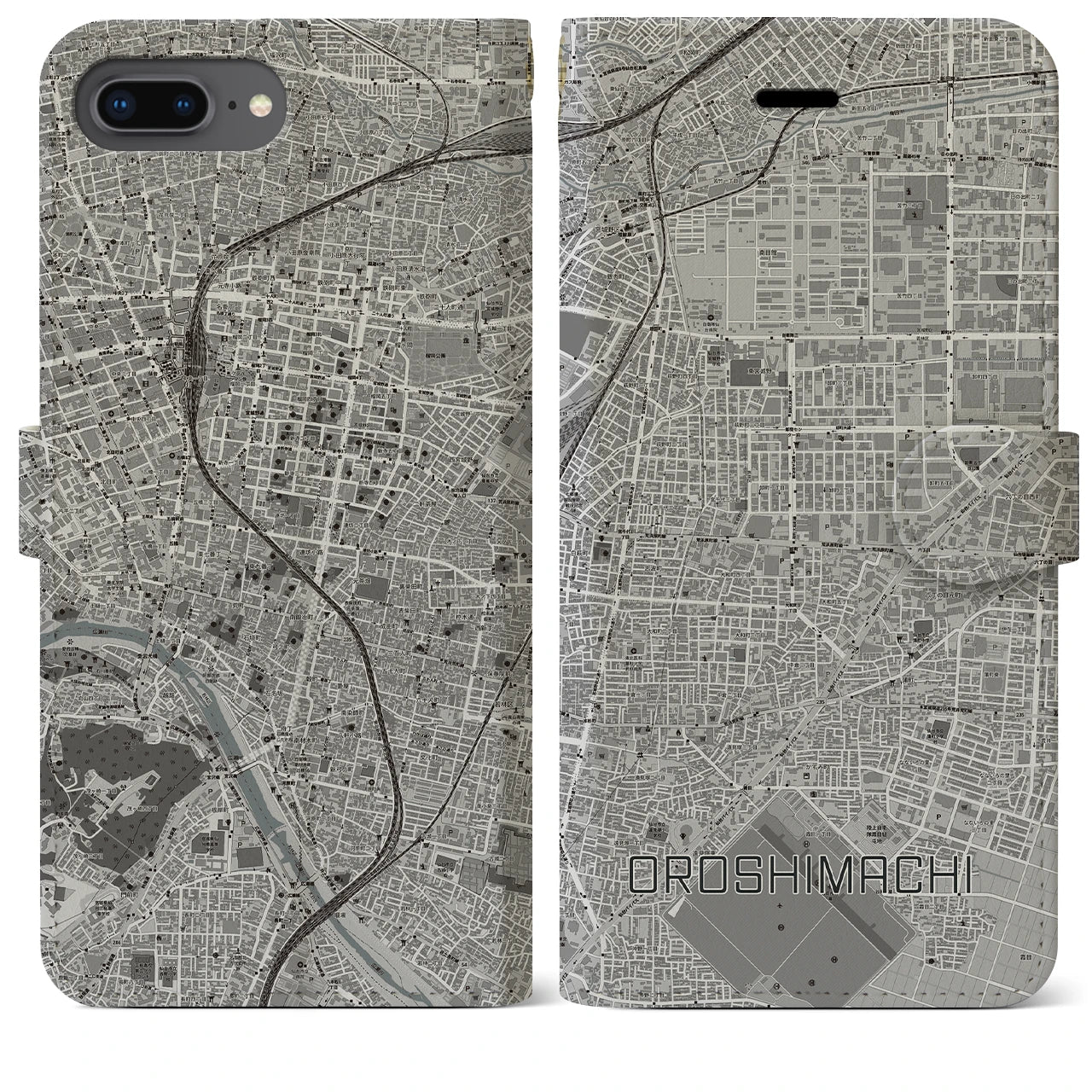 【卸町(宮城県)】地図柄iPhoneケース(手帳タイプ)モノトーン・iPhone 8Plus /7Plus / 6sPlus / 6Plus 用