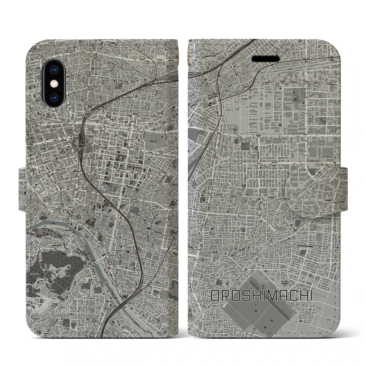 【卸町(宮城県)】地図柄iPhoneケース(手帳タイプ)モノトーン・iPhone XS / X 用