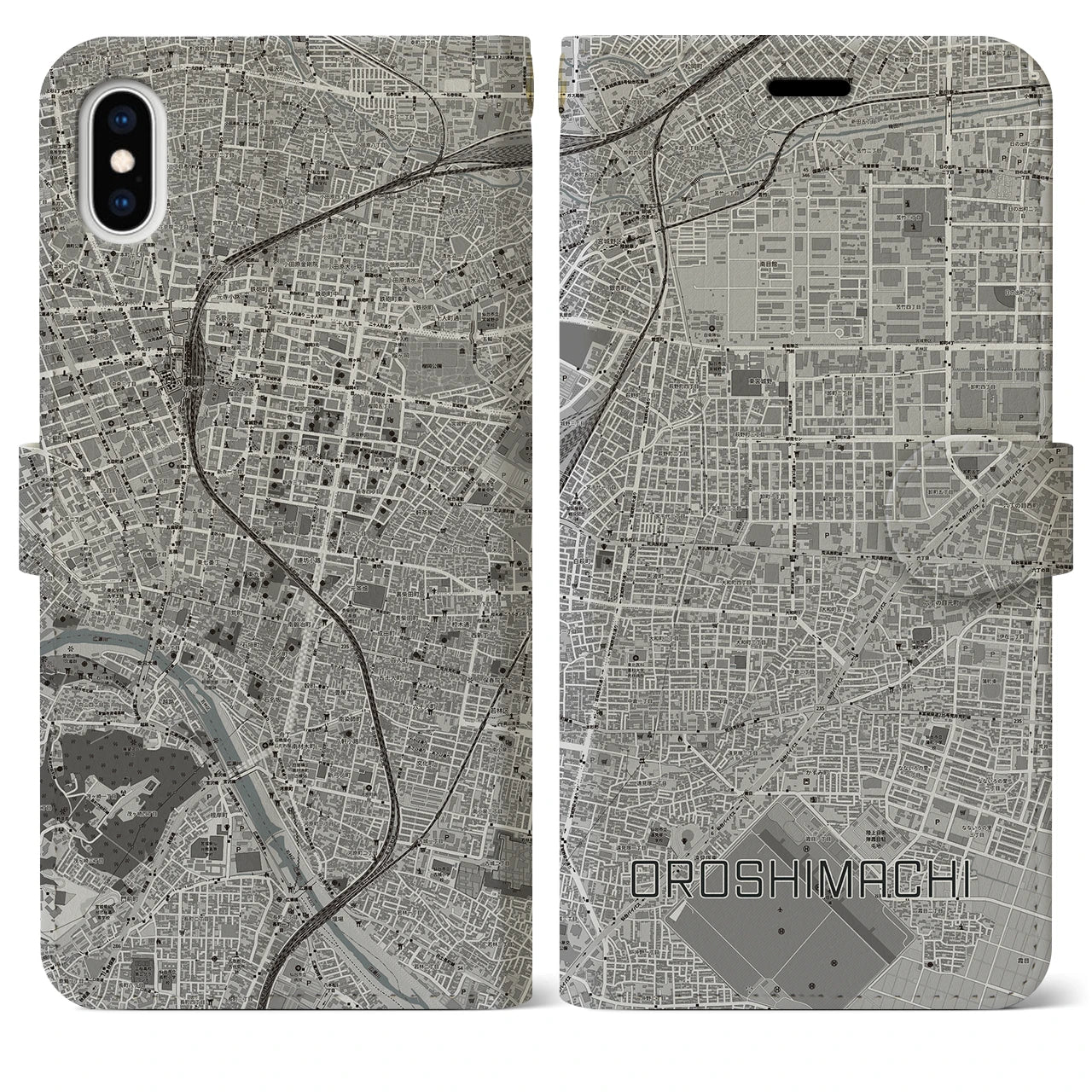 【卸町(宮城県)】地図柄iPhoneケース(手帳タイプ)モノトーン・iPhone XS Max 用