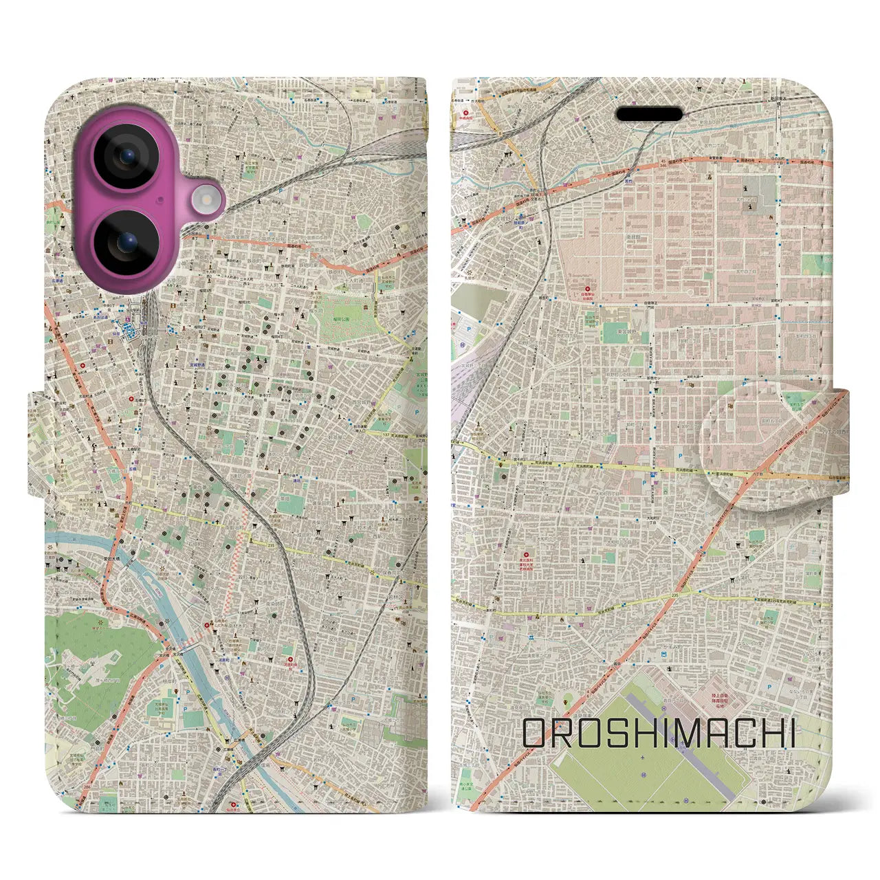 【卸町(宮城県)】地図柄iPhoneケース(手帳タイプ)ナチュラル・iPhone 16 Pro 用
