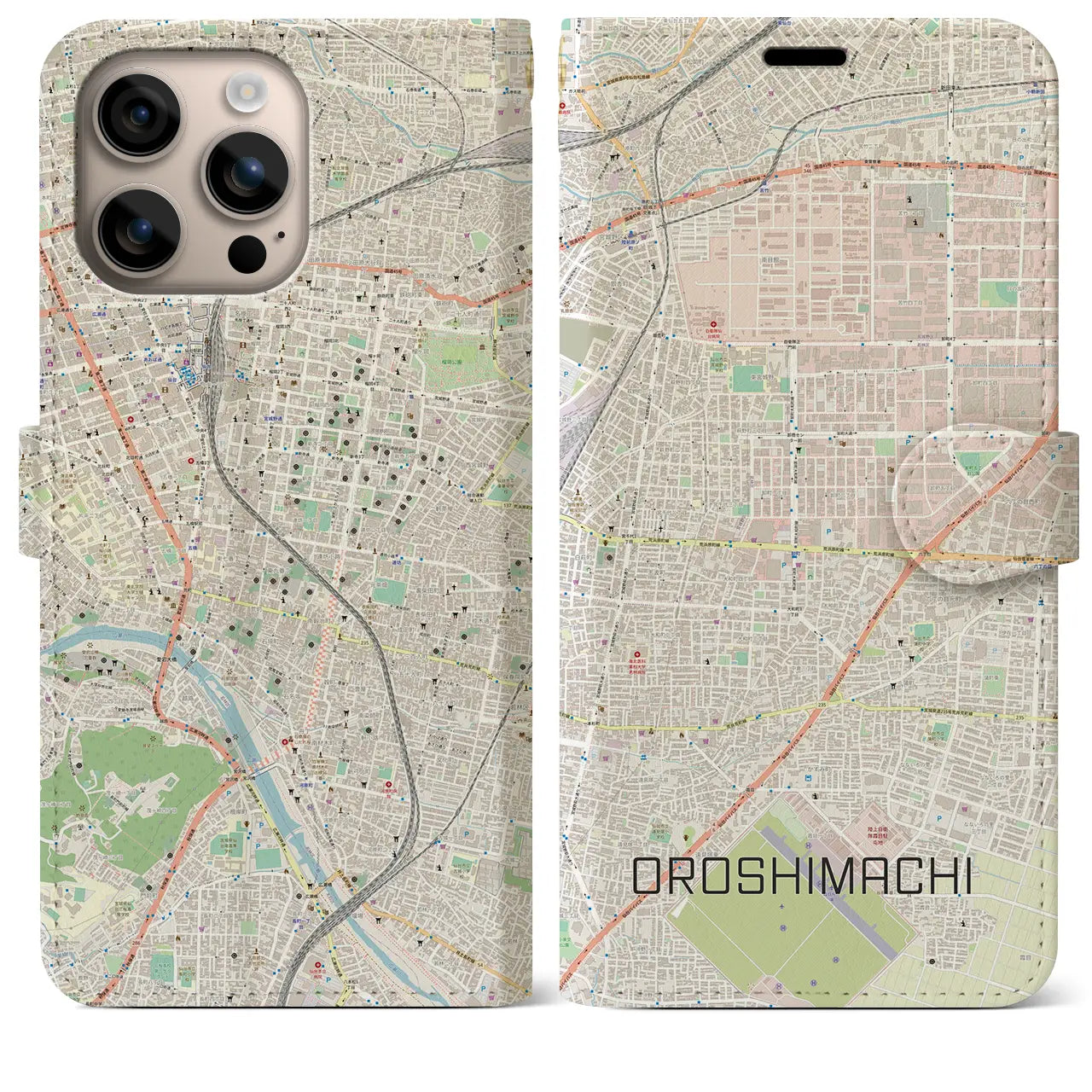 【卸町(宮城県)】地図柄iPhoneケース(手帳タイプ)ナチュラル・iPhone 16 Plus 用