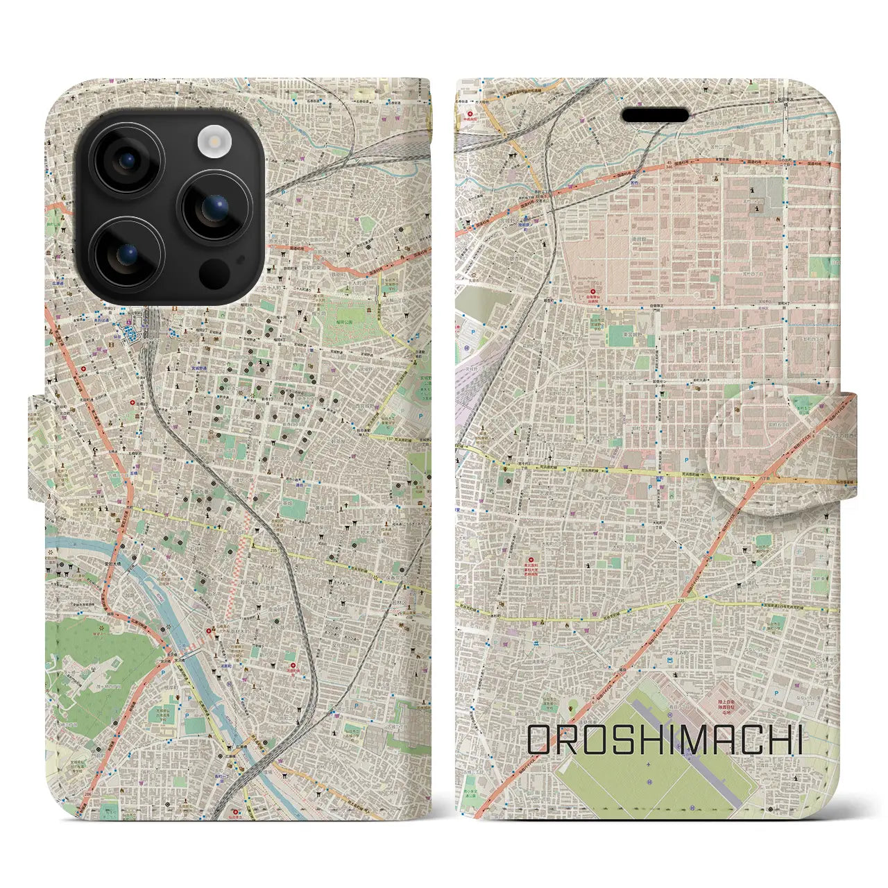 【卸町(宮城県)】地図柄iPhoneケース(手帳タイプ)ナチュラル・iPhone 16 用