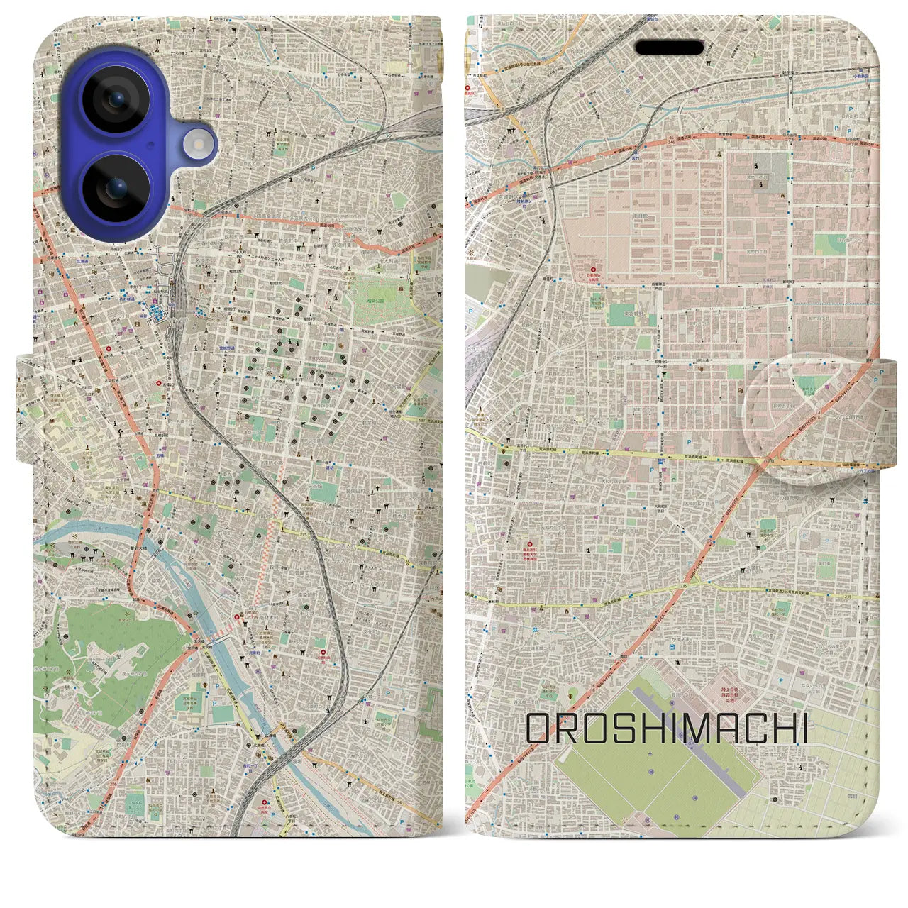【卸町(宮城県)】地図柄iPhoneケース(手帳タイプ)ナチュラル・iPhone 16 Pro Max 用