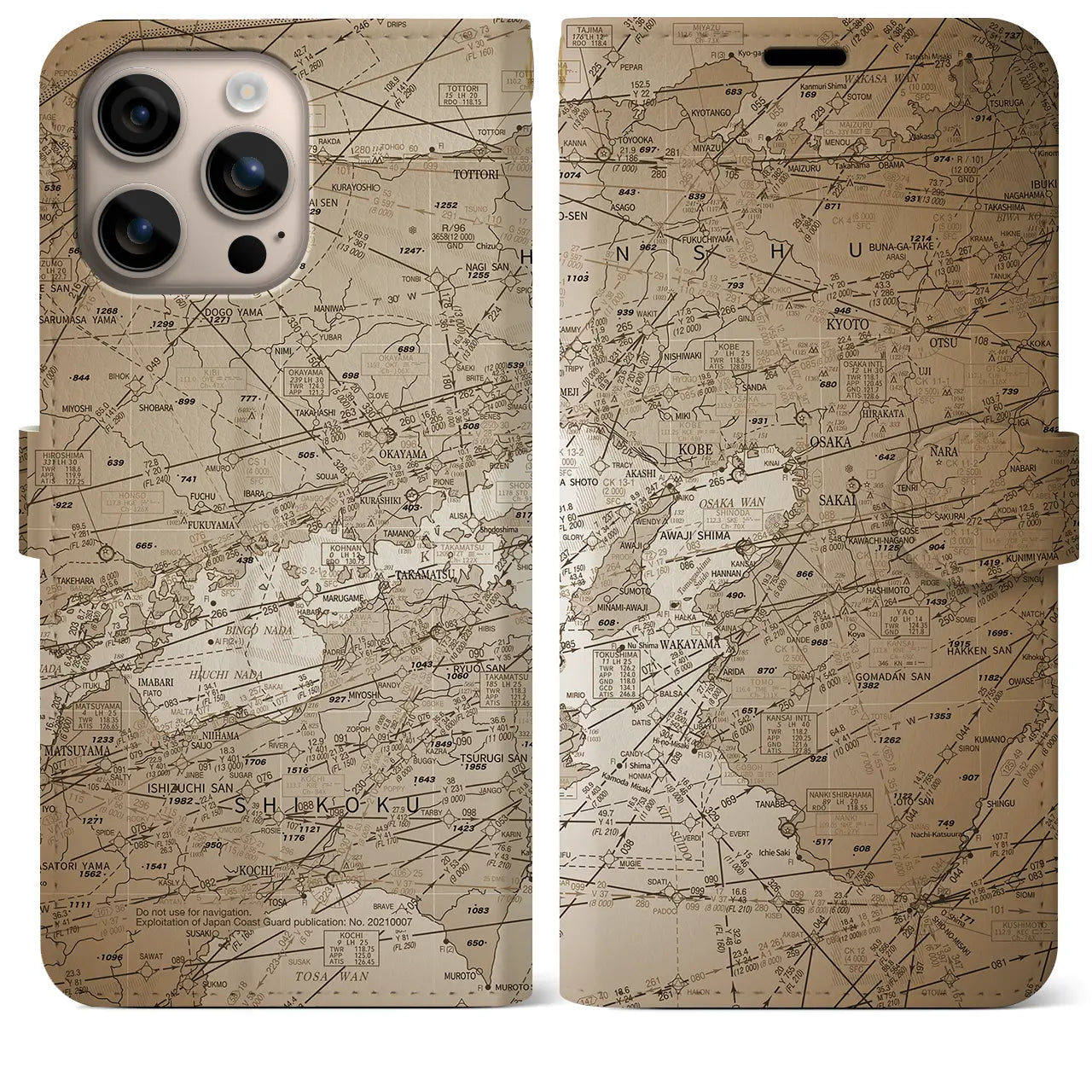 【大阪航空図(大阪府)】航空図iPhoneケース(手帳タイプ)セピア・iPhone 16 Plus 用