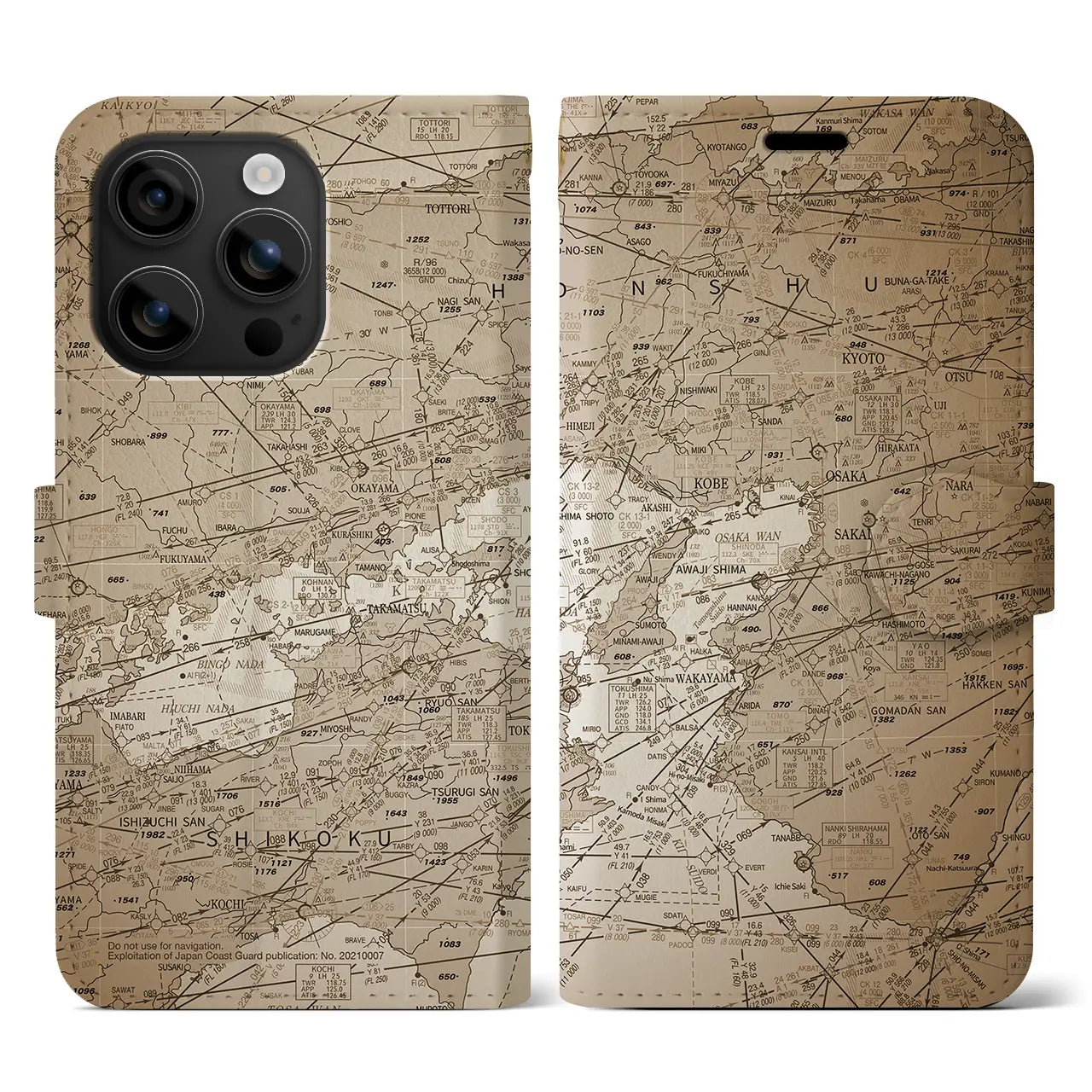 【大阪航空図(大阪府)】航空図iPhoneケース(手帳タイプ)セピア・iPhone 16 用
