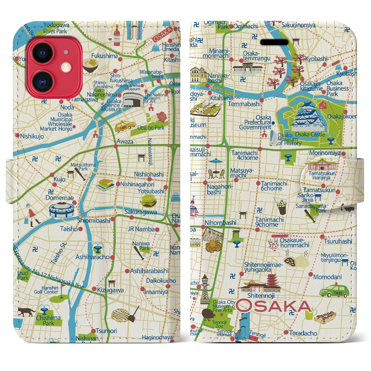 【大阪(イラスト)】イラストマップiPhoneケース(手帳タイプ)ブライト・iPhone 11 用