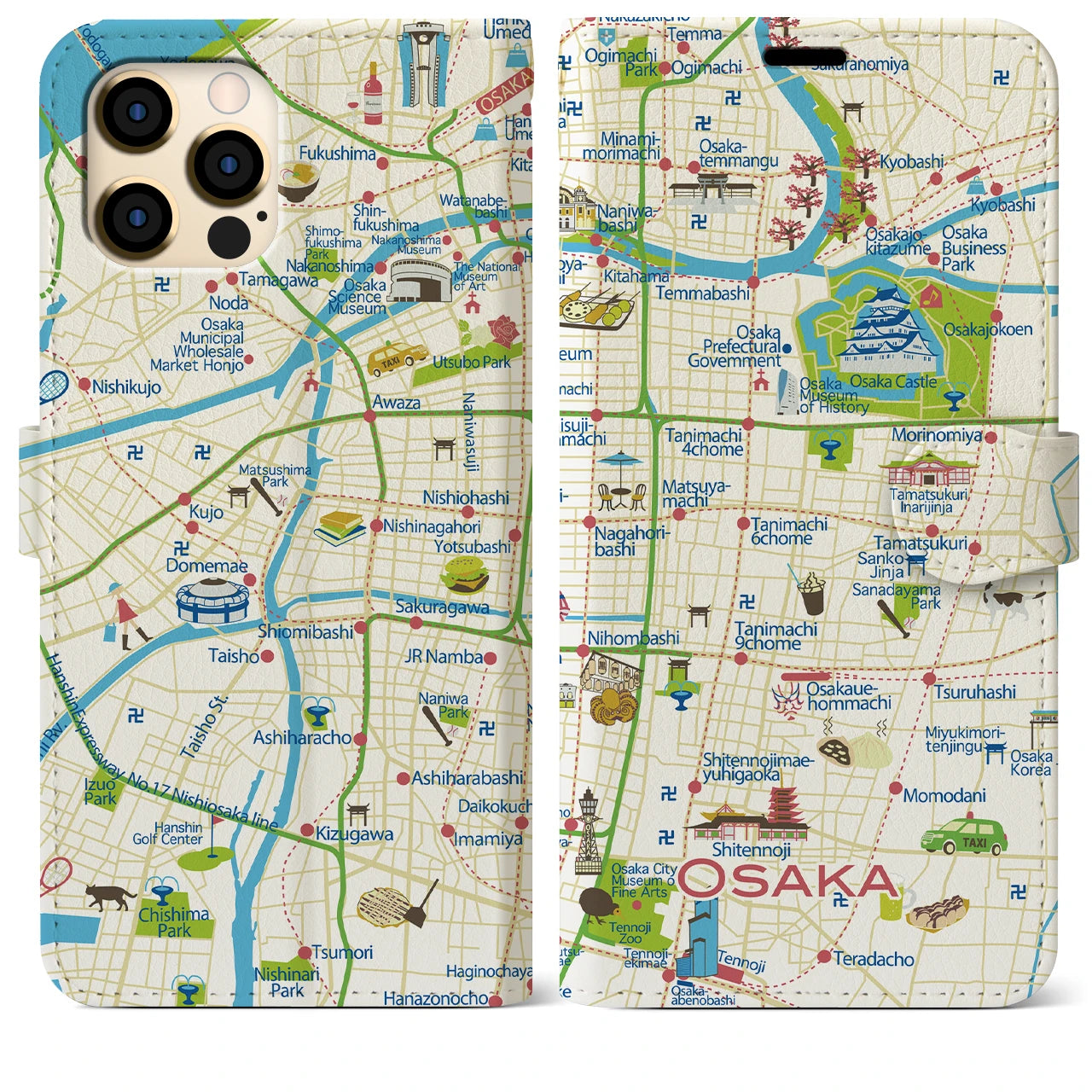 【大阪(イラスト)】イラストマップiPhoneケース(手帳タイプ)ブライト・iPhone 12 Pro Max 用