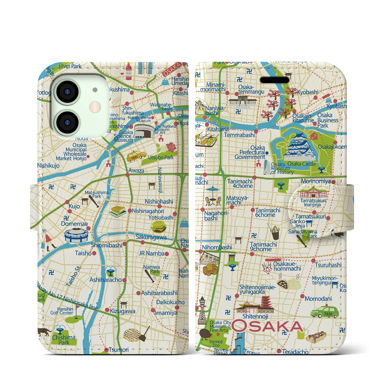 【大阪(イラスト)】イラストマップiPhoneケース(手帳タイプ)ブライト・iPhone 12 mini 用