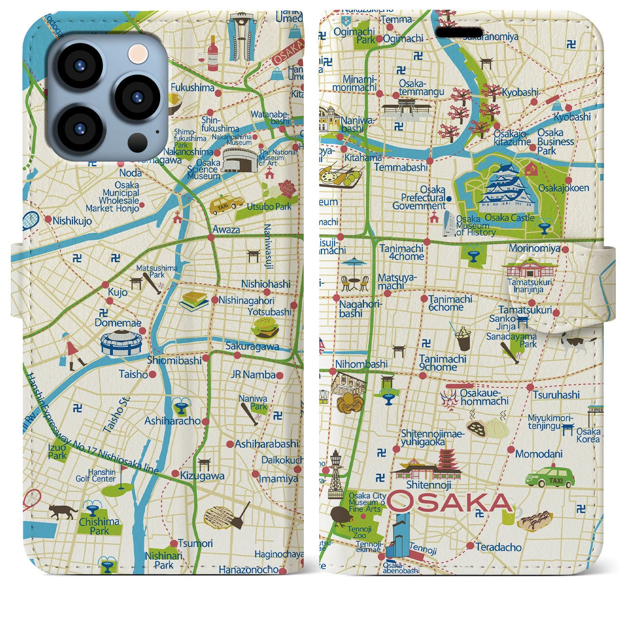 【大阪(イラスト)】イラストマップiPhoneケース(手帳タイプ)ブライト・iPhone 13 Pro Max 用