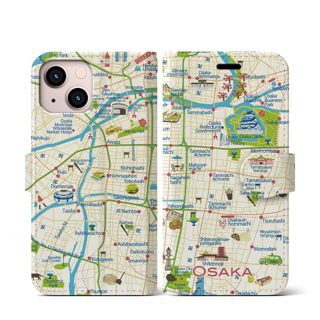 【大阪(イラスト)】イラストマップiPhoneケース(手帳タイプ)ブライト・iPhone 13 mini 用