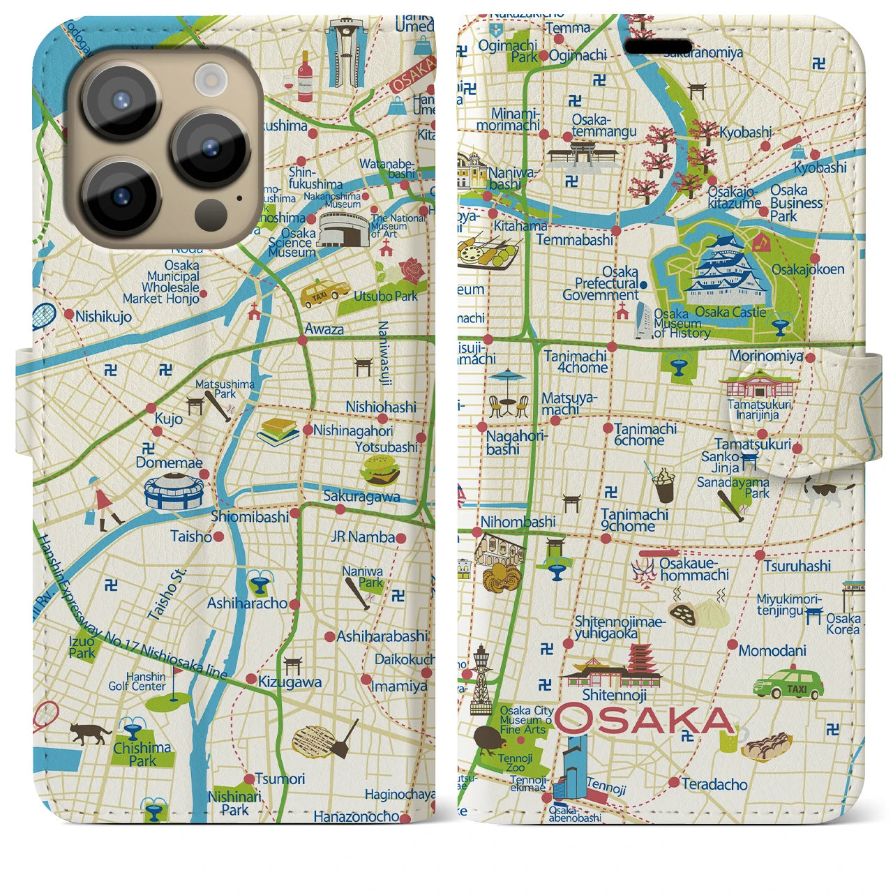 【大阪(イラスト)】イラストマップiPhoneケース(手帳タイプ)ブライト・iPhone 14 Pro Max 用
