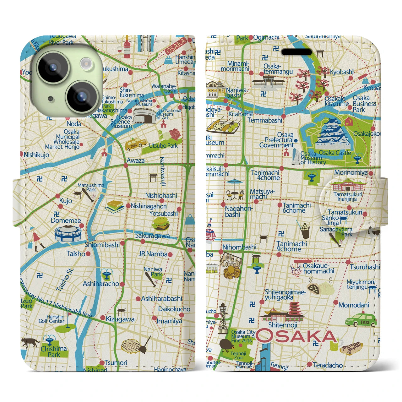 【大阪(イラスト)】イラストマップiPhoneケース(手帳タイプ)ブライト・iPhone 15 用