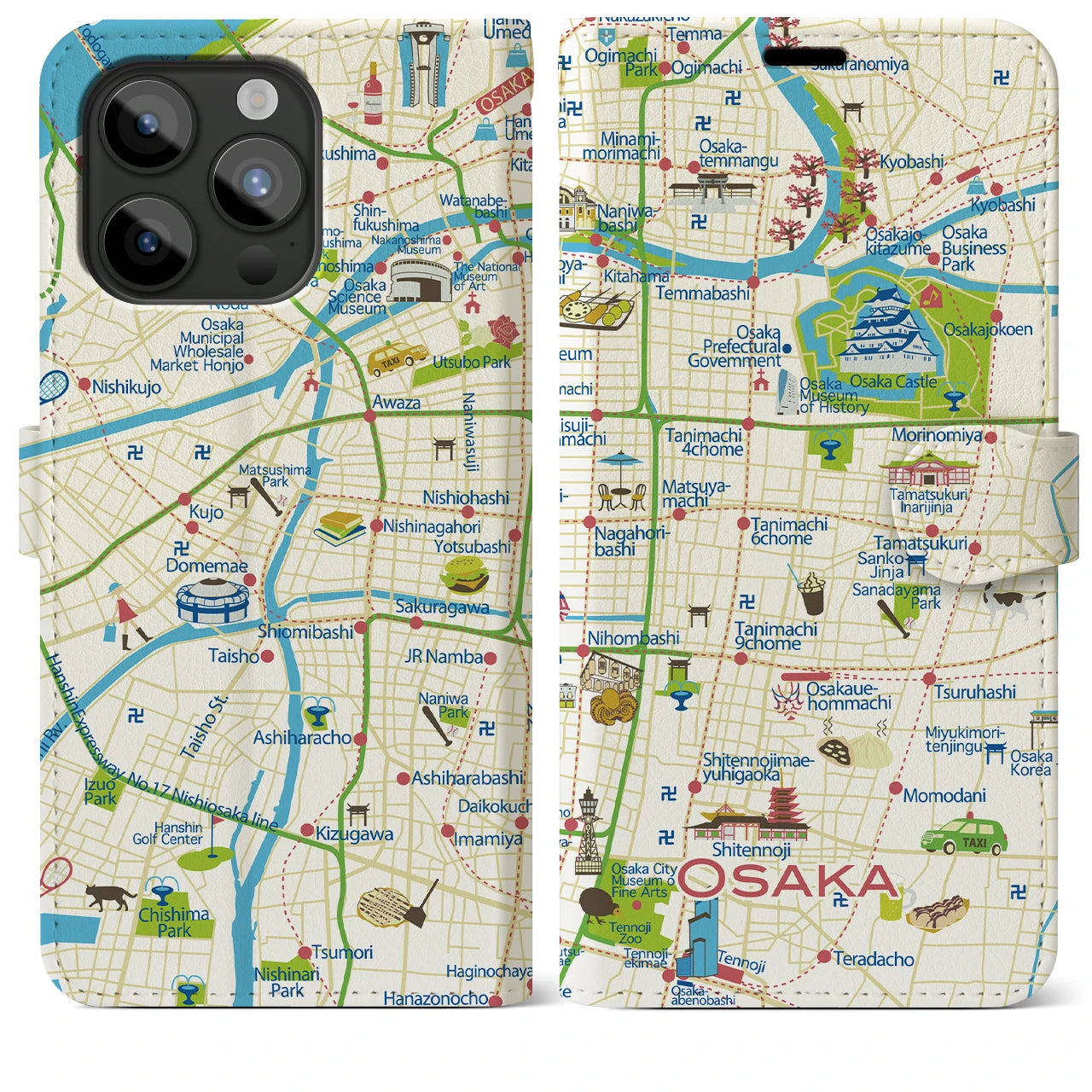 【大阪(イラスト)】イラストマップiPhoneケース(手帳タイプ)ブライト・iPhone 15 Pro Max 用