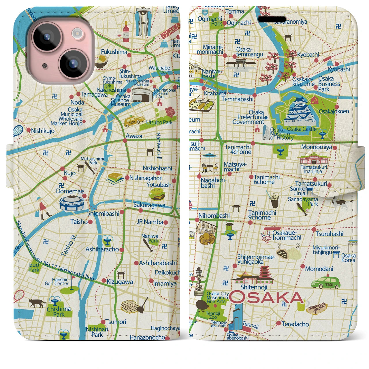 【大阪(イラスト)】イラストマップiPhoneケース(手帳タイプ)ブライト・iPhone 15 Plus 用