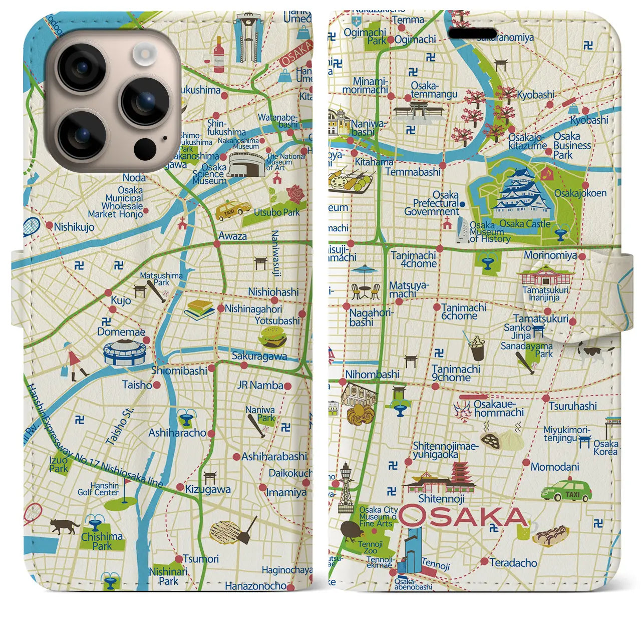 【大阪(イラスト)】イラストマップiPhoneケース(手帳タイプ)ブライト・iPhone 16 Plus 用