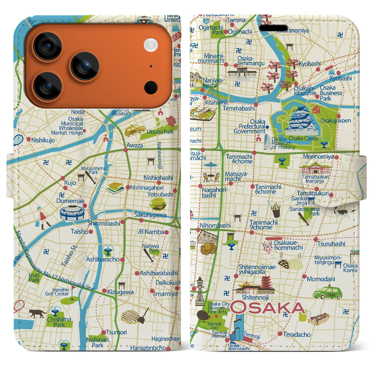 【大阪】イラストマップiPhoneケース(手帳タイプ)