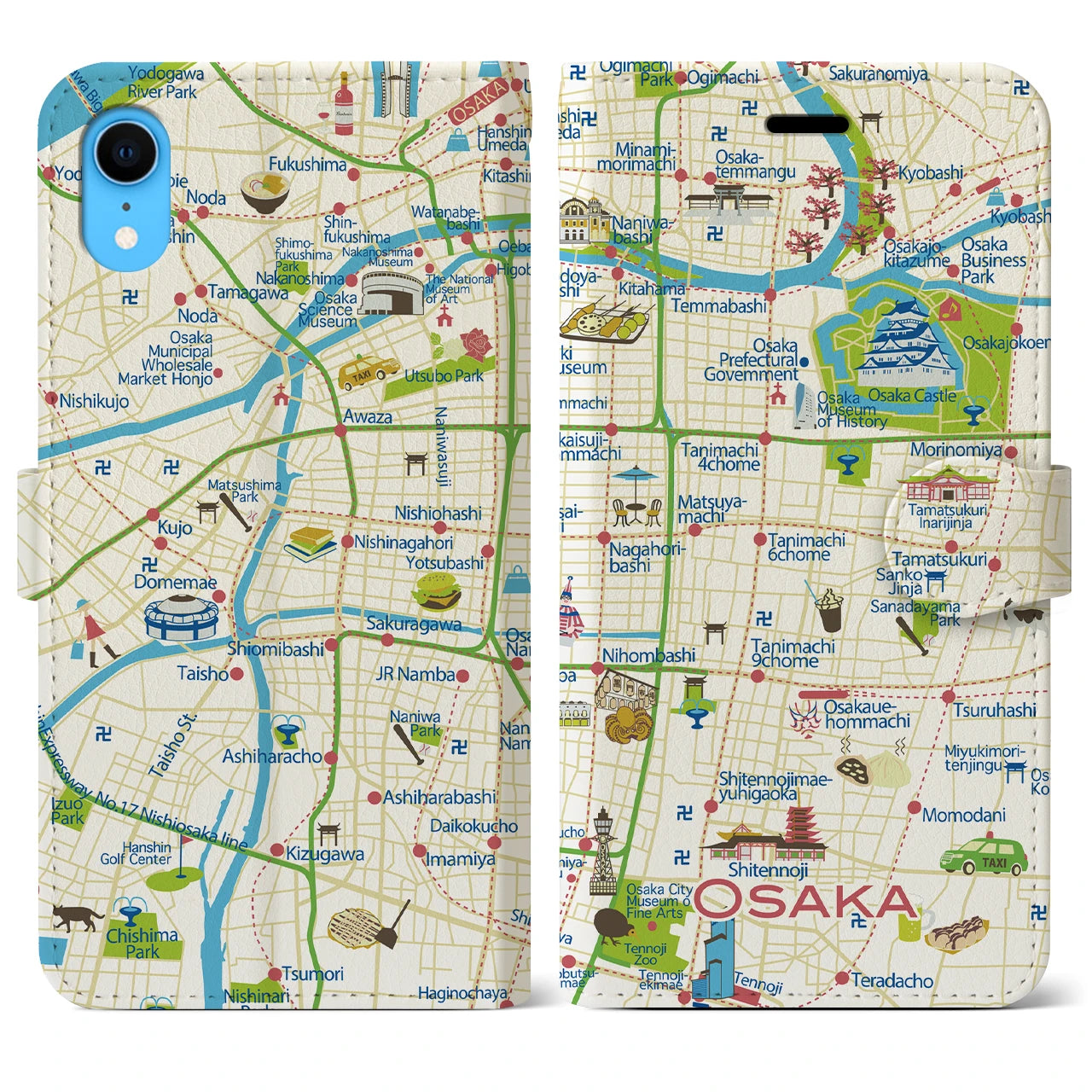 【大阪(イラスト)】イラストマップiPhoneケース(手帳タイプ)ブライト・iPhone XR 用