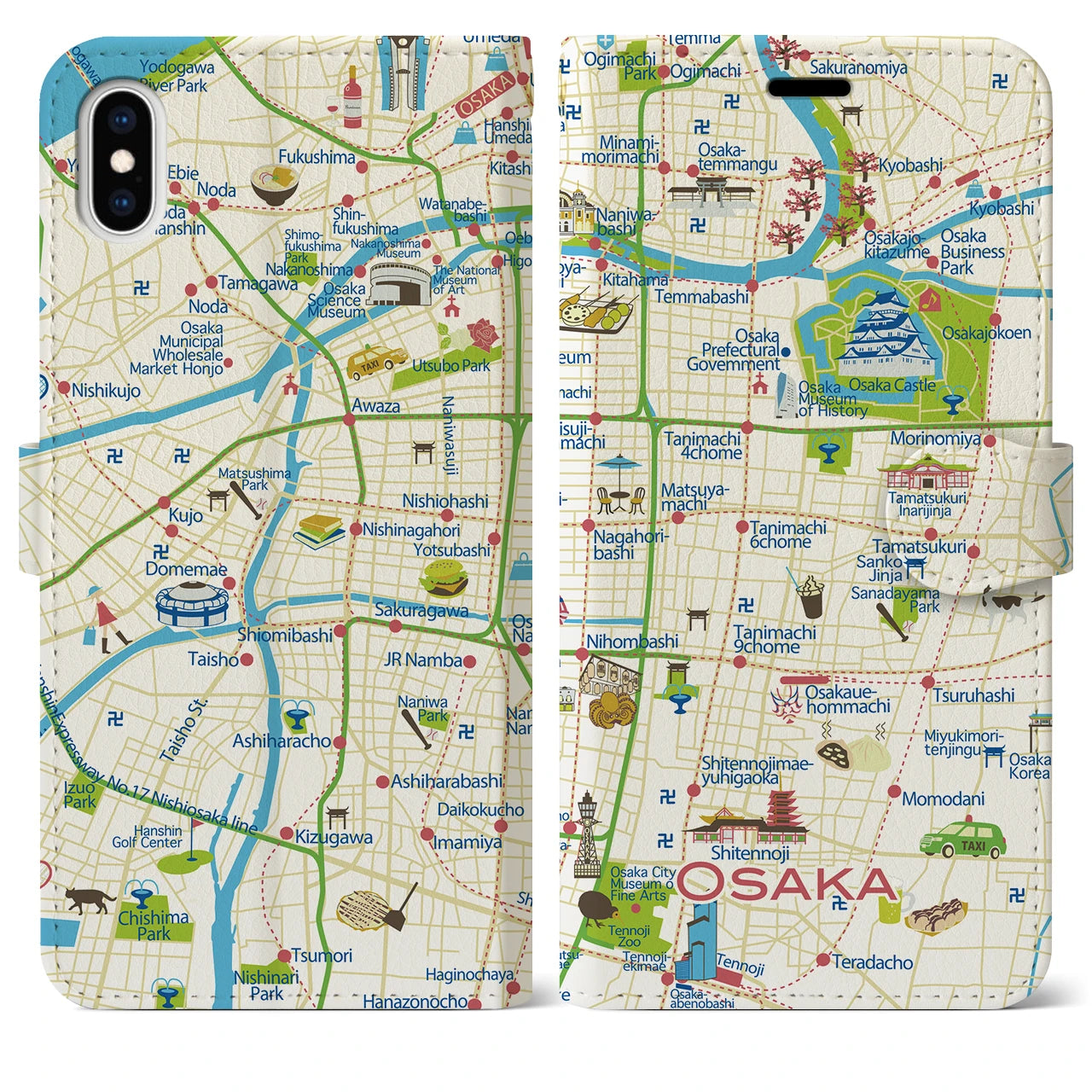 【大阪(イラスト)】イラストマップiPhoneケース(手帳タイプ)ブライト・iPhone XS Max 用