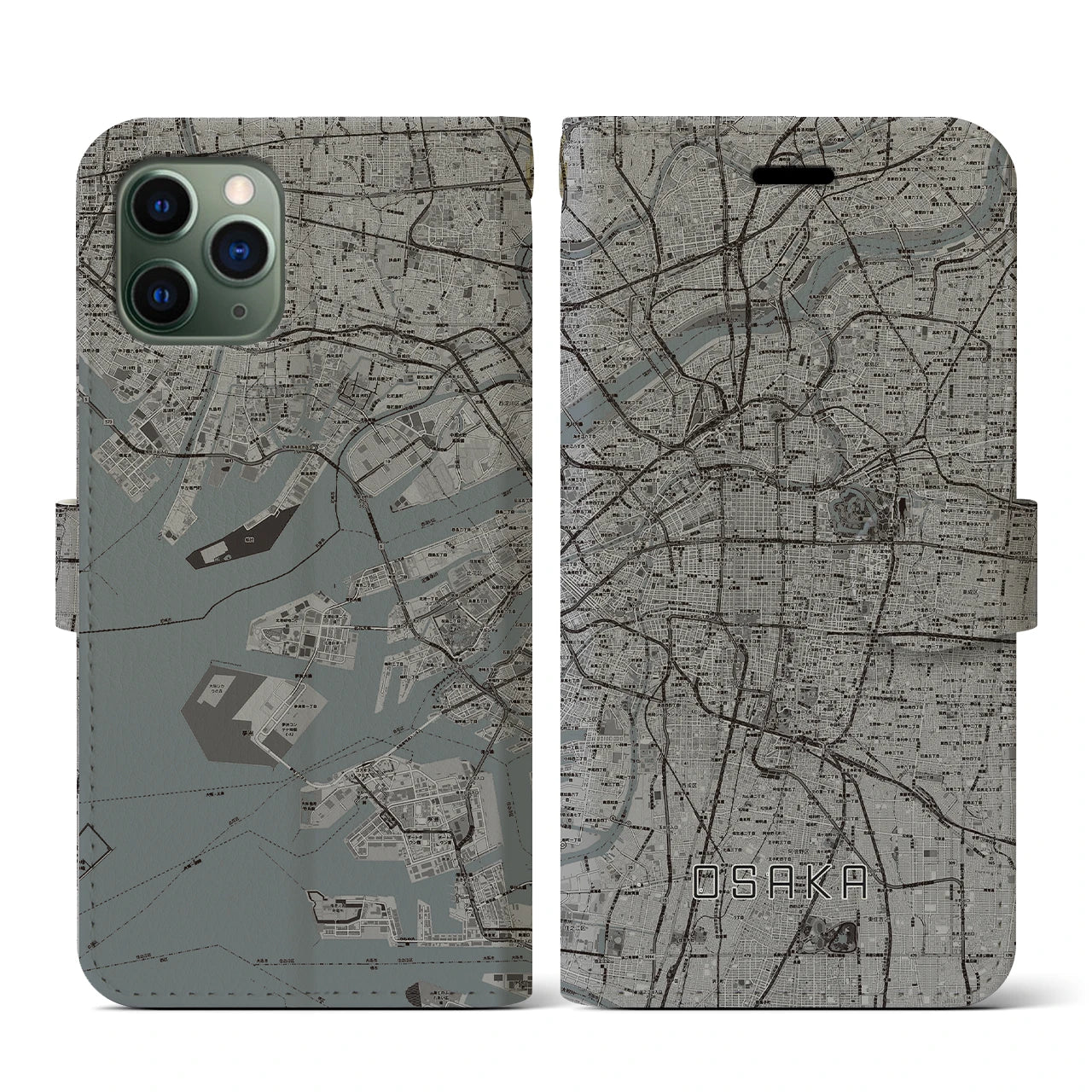 【大阪(大阪府)】地図柄iPhoneケース(手帳タイプ)モノトーン・iPhone 11 Pro 用