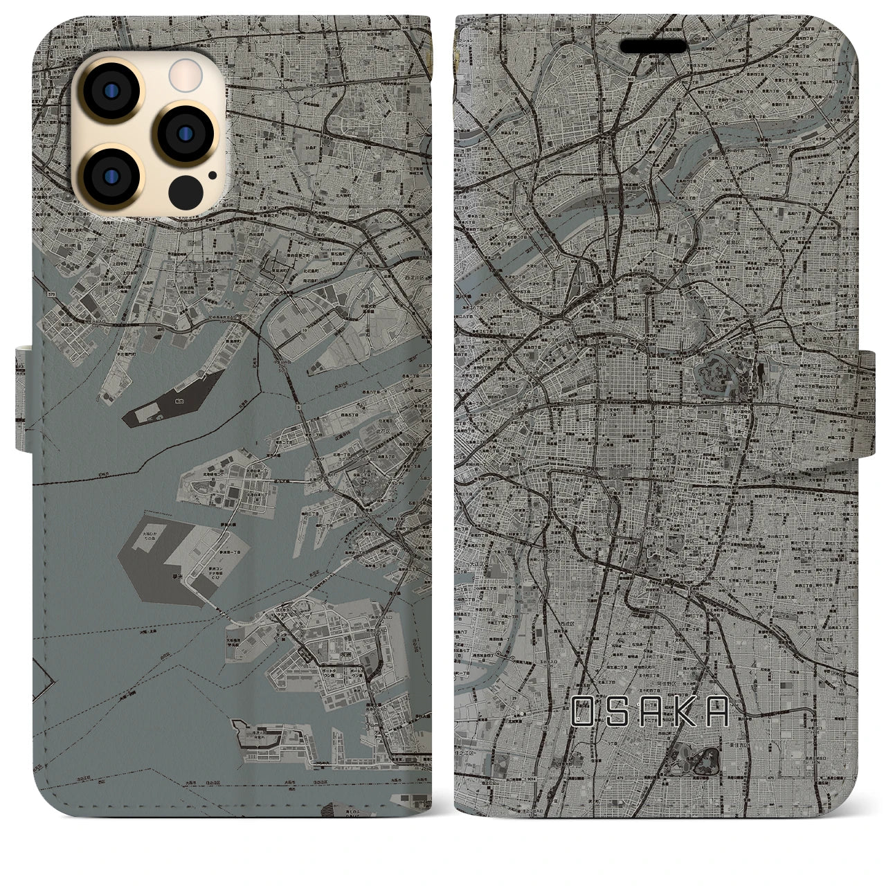 【大阪(大阪府)】地図柄iPhoneケース(手帳タイプ)モノトーン・iPhone 12 Pro Max 用