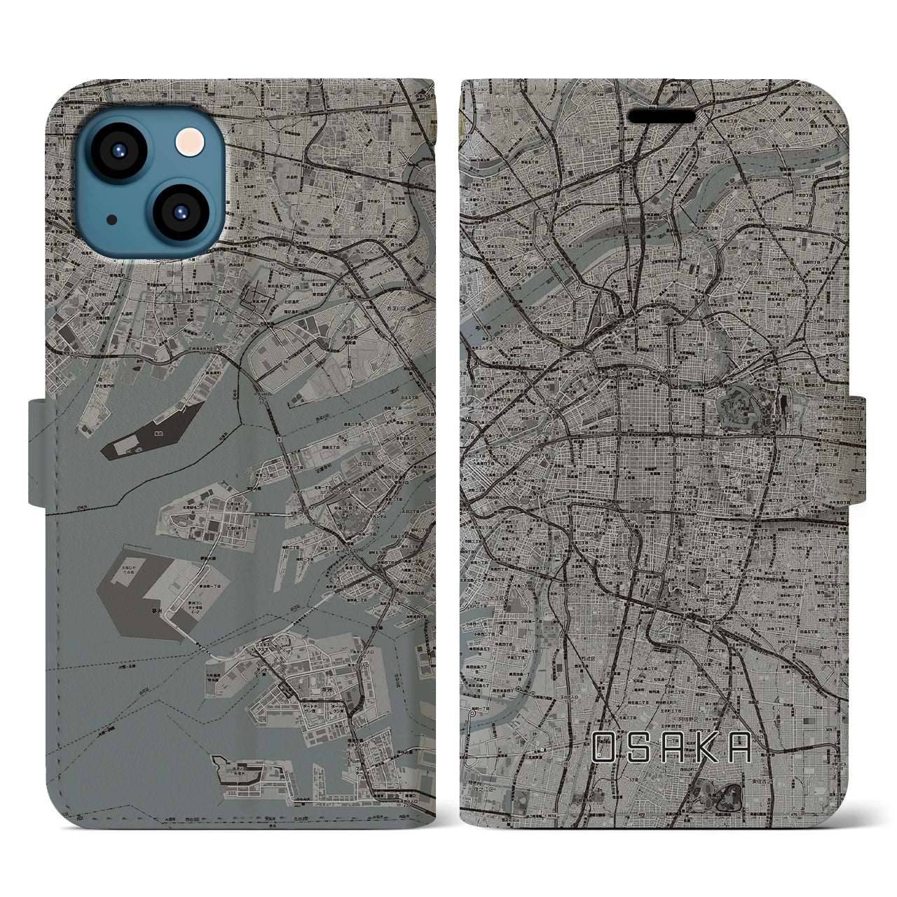 【大阪(大阪府)】地図柄iPhoneケース(手帳タイプ)モノトーン・iPhone 13 用