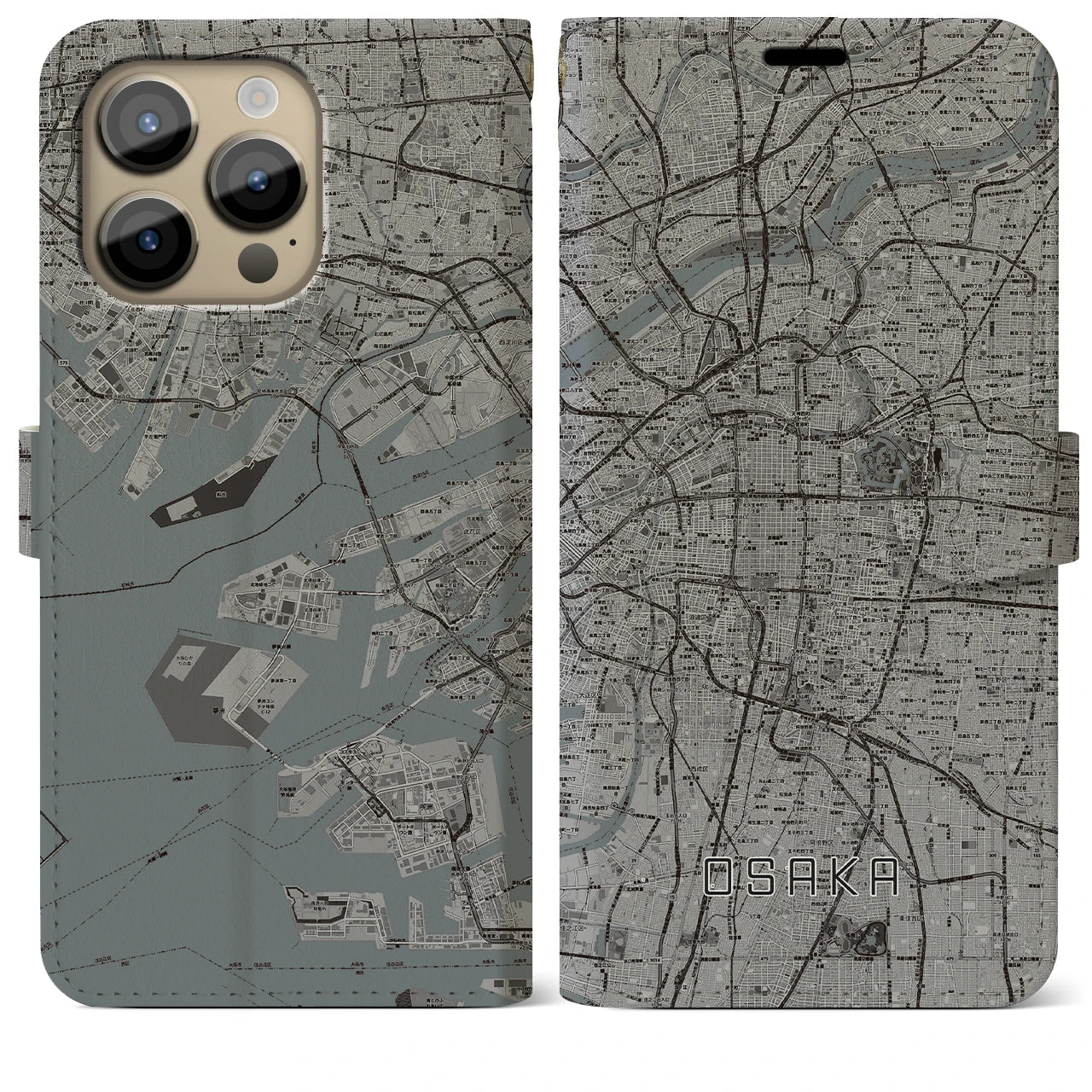 【大阪(大阪府)】地図柄iPhoneケース(手帳タイプ)モノトーン・iPhone 14 Pro Max 用