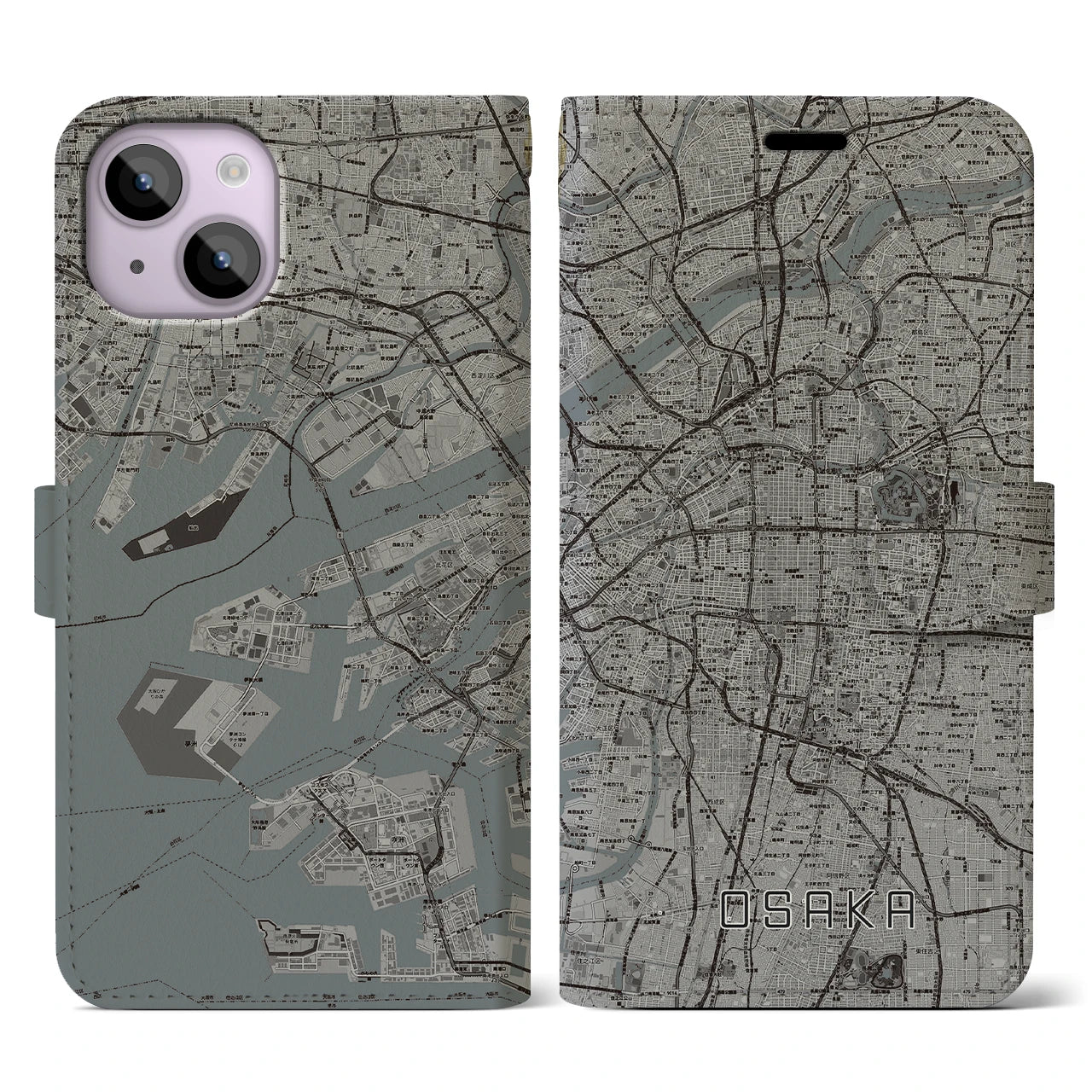 【大阪(大阪府)】地図柄iPhoneケース(手帳タイプ)モノトーン・iPhone 14 用