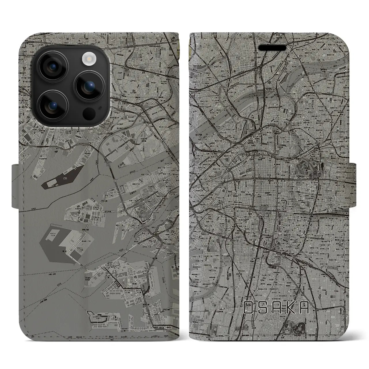 【大阪(大阪府)】地図柄iPhoneケース(手帳タイプ)モノトーン・iPhone 16 用