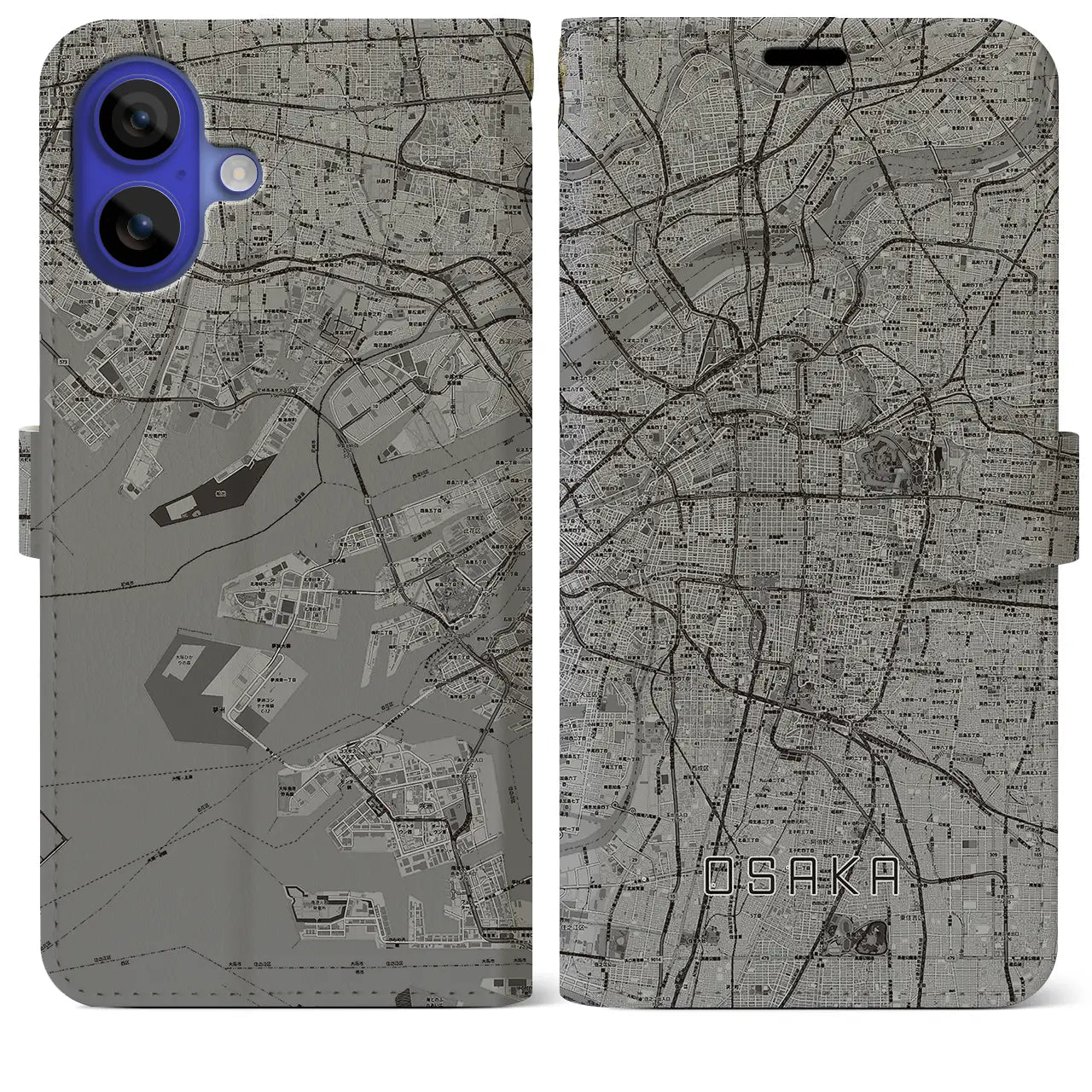 【大阪(大阪府)】地図柄iPhoneケース(手帳タイプ)モノトーン・iPhone 16 Pro Max 用