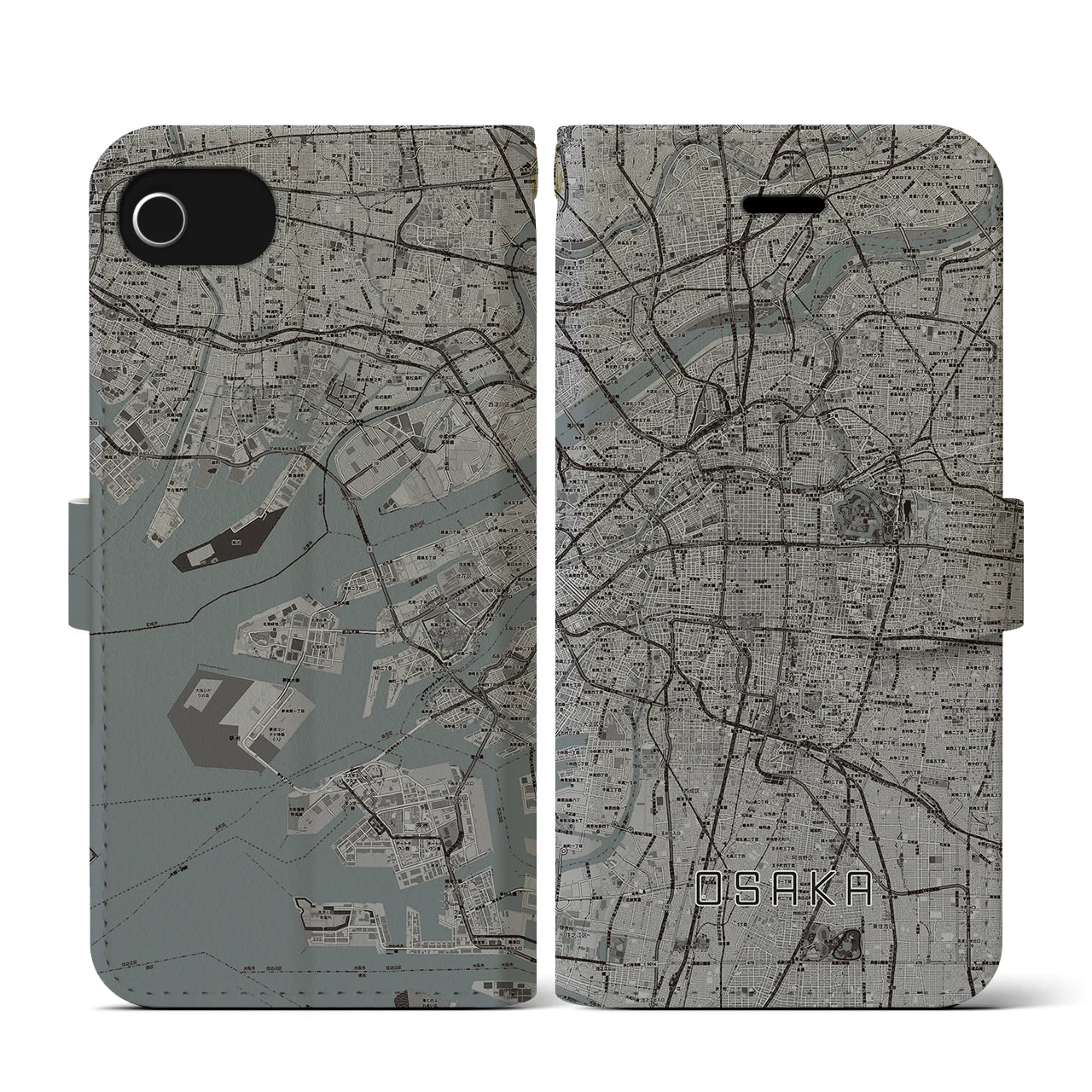 【大阪(大阪府)】地図柄iPhoneケース(手帳タイプ)モノトーン・iPhone SE(第3 / 第2世代) / 8 / 7 / 6s / 6 用