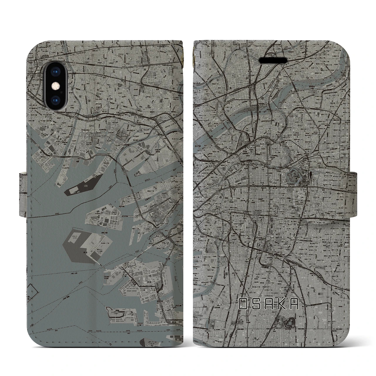 【大阪(大阪府)】地図柄iPhoneケース(手帳タイプ)モノトーン・iPhone XS / X 用