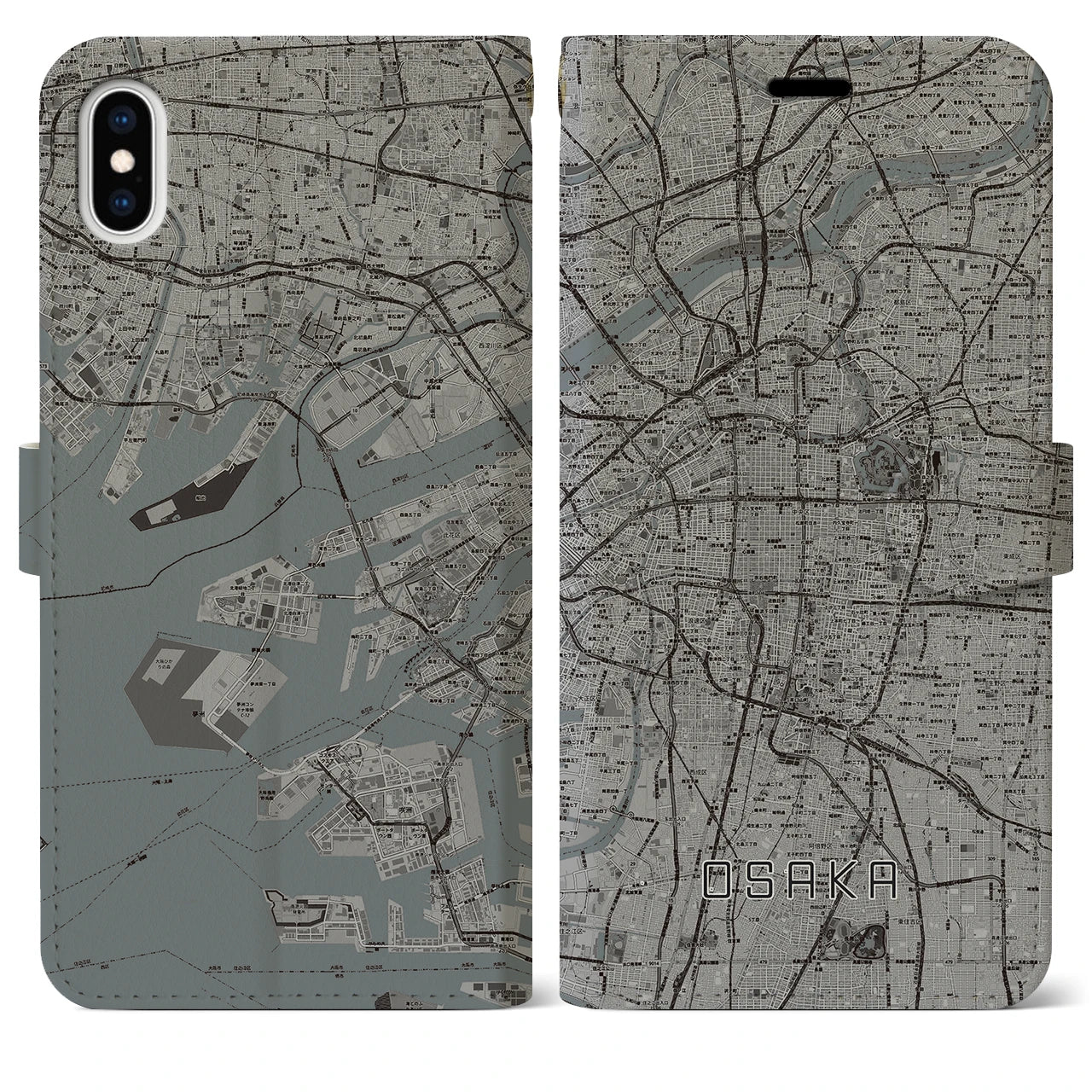 【大阪(大阪府)】地図柄iPhoneケース(手帳タイプ)モノトーン・iPhone XS Max 用