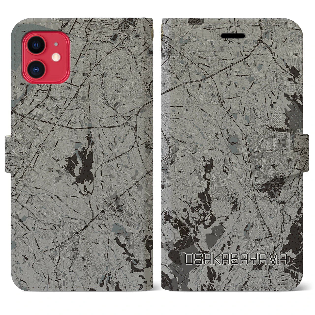 【大阪狭山(大阪府)】地図柄iPhoneケース(手帳タイプ)モノトーン・iPhone 11 用