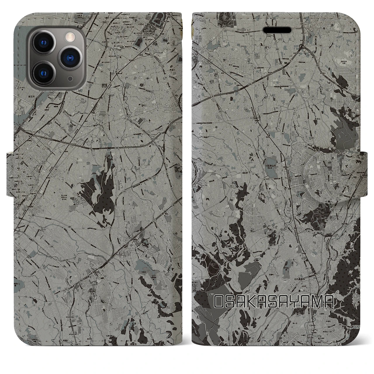 【大阪狭山(大阪府)】地図柄iPhoneケース(手帳タイプ)モノトーン・iPhone 11 Pro Max 用