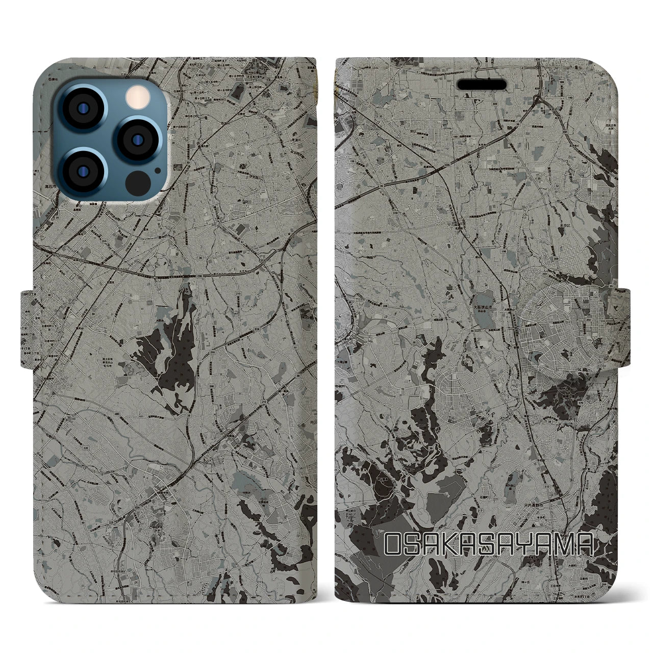 【大阪狭山(大阪府)】地図柄iPhoneケース(手帳タイプ)モノトーン・iPhone 12 / 12 Pro 用