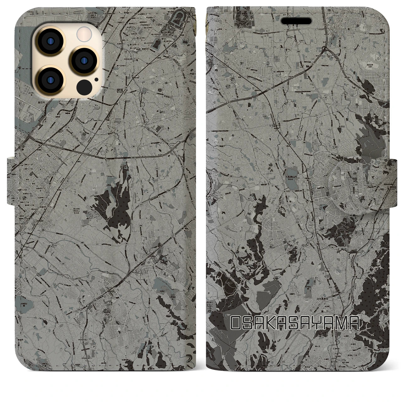 【大阪狭山(大阪府)】地図柄iPhoneケース(手帳タイプ)モノトーン・iPhone 12 Pro Max 用