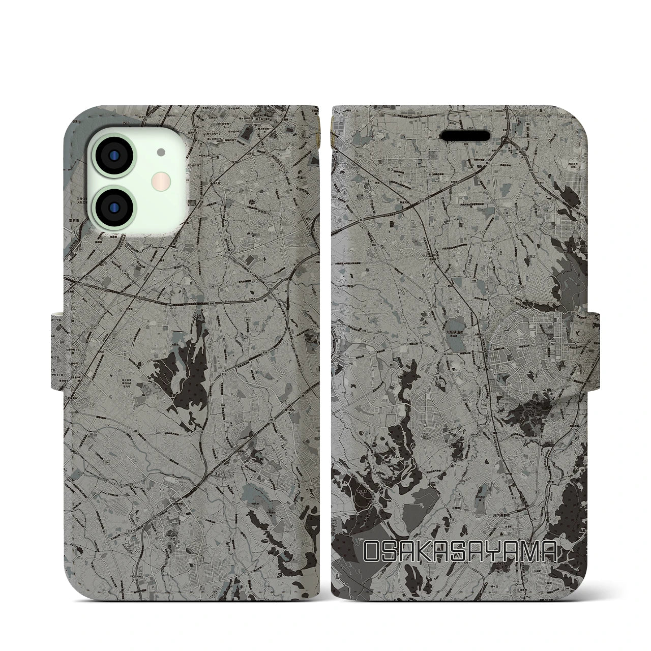 【大阪狭山(大阪府)】地図柄iPhoneケース(手帳タイプ)モノトーン・iPhone 12 mini 用