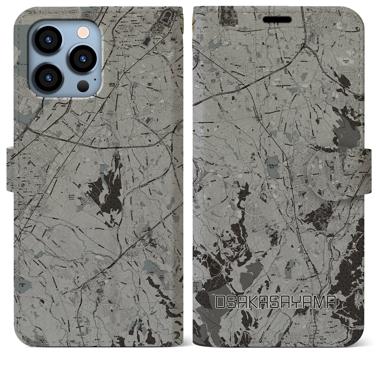 【大阪狭山(大阪府)】地図柄iPhoneケース(手帳タイプ)モノトーン・iPhone 13 Pro Max 用