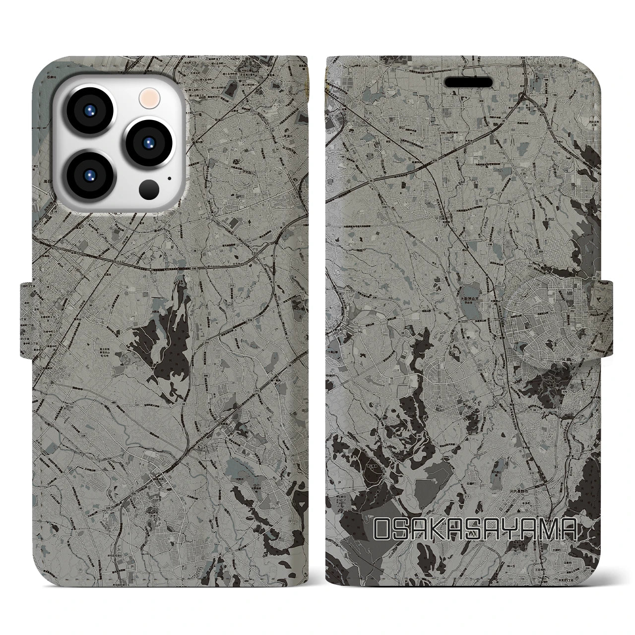 【大阪狭山(大阪府)】地図柄iPhoneケース(手帳タイプ)モノトーン・iPhone 13 Pro 用